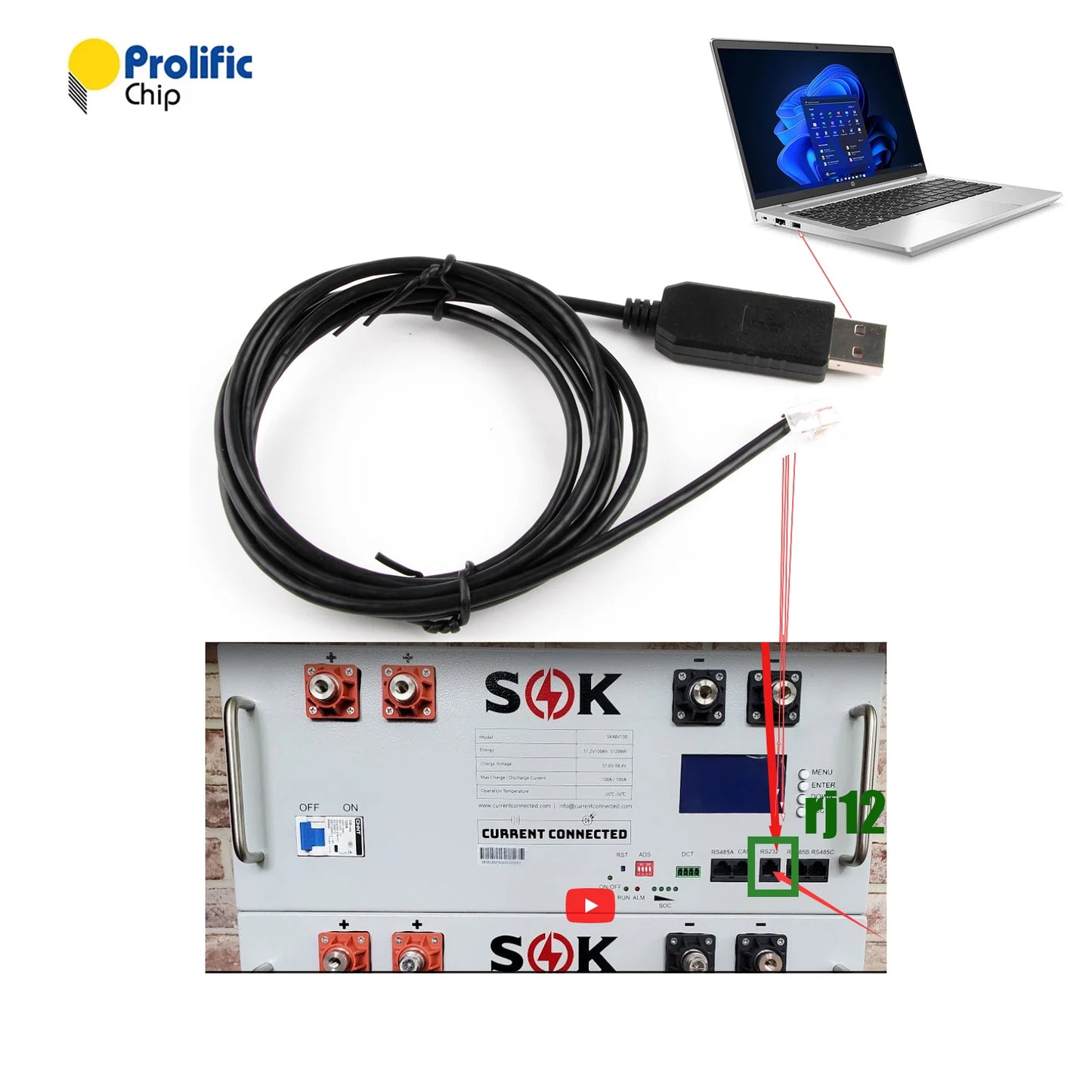 RS232 Cable for SOK 48V100Ah PL2303 Chip USB to RJ12 Pro Server-Rack Battery to a PC Communication Cable