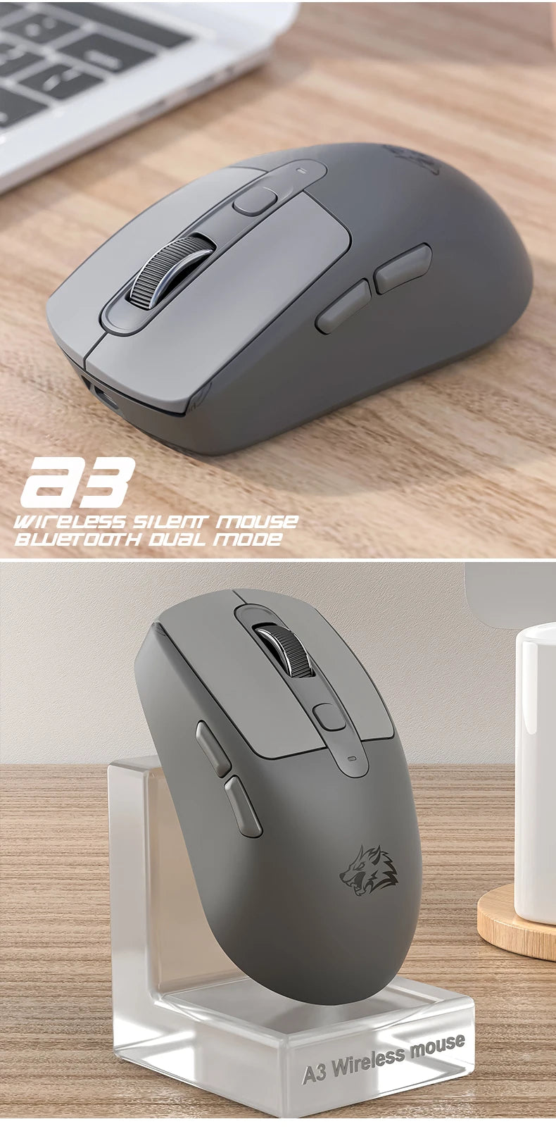 A3 Wireless Mouse Silent ABS Pink Skin Not Fade FREEWOLF Bluetooth Dual Mode Power Linght,5-Speed DPI,PAW3212 Chip Silent Design