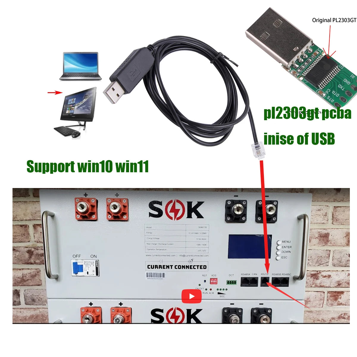 RS232 Cable for SOK 48V100Ah PL2303 Chip USB to RJ12 Pro Server-Rack Battery to a PC Communication Cable
