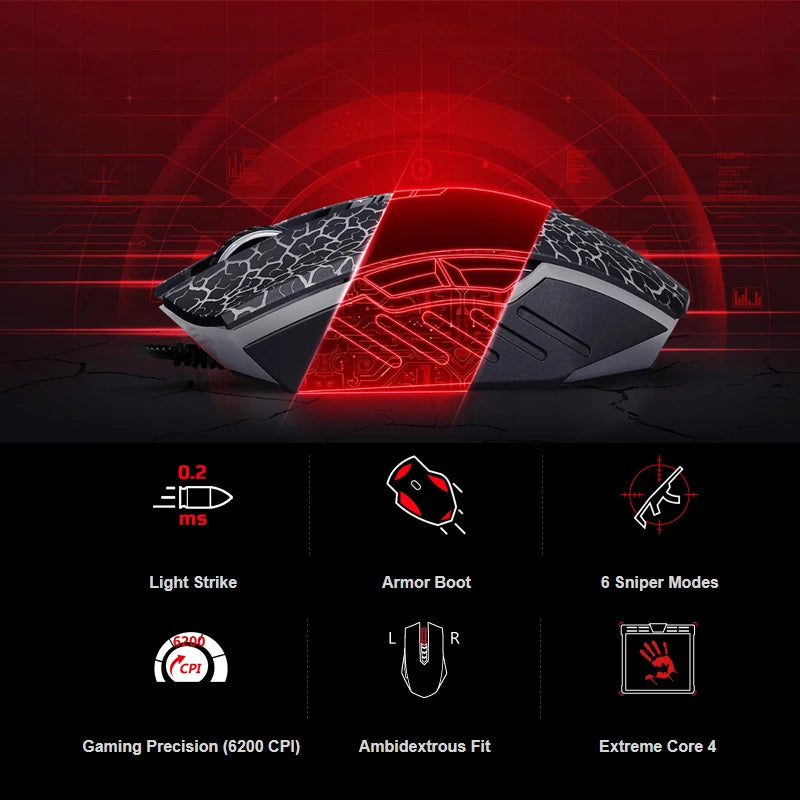 A70 Bloody Light Strike Black Gaming Mouse, 100-6200 CPI Adjustable, 6 Sniper Modes, Durable X Glide Metal Armor Boot
