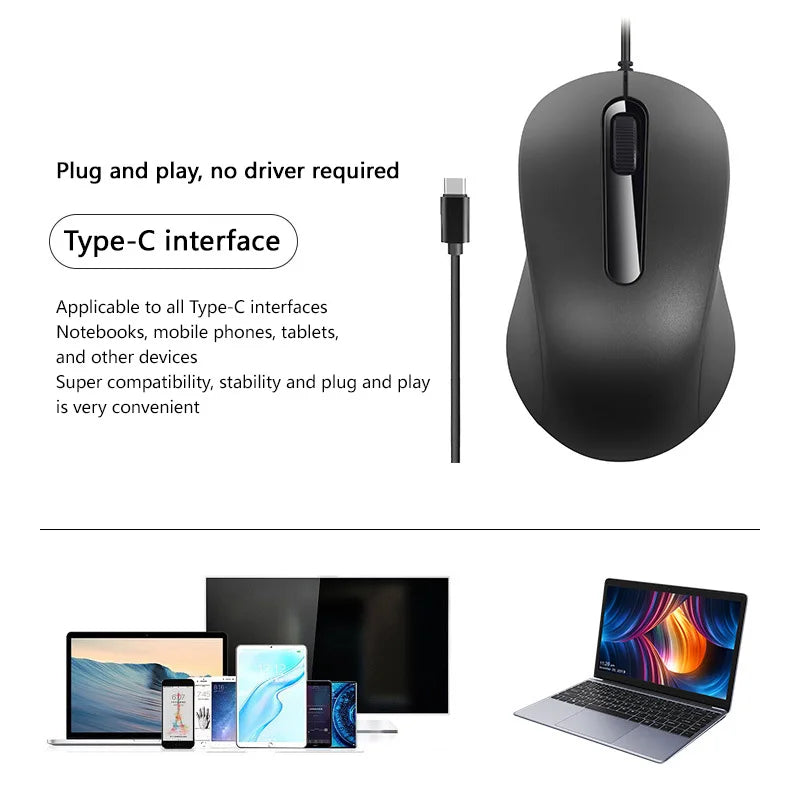 Xiaomi Type-c Wired Mouse Silent Portable Tablet Notebook Office Optical Mouse Ergonomic Design For PC Android IOS