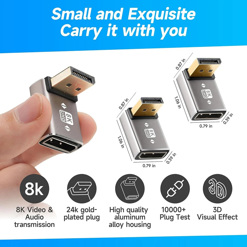 90 Degree DisplayPort1.4 Adapter Support 8K@60Hz 4K@144Hz HDR Video Alloy Shell DP Cable Extender for Desktop Computer Monitor