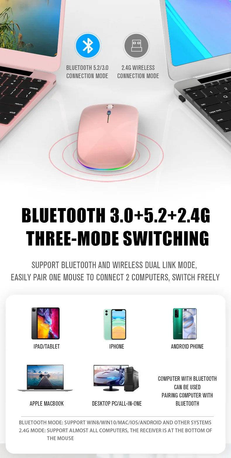 Bluetooth 5.0 Wireless With USB Rechargeable RGB Mouse BT5.2 For Laptop Computer PC Macbook Gaming Mouse 2.4GHz 1600DPI