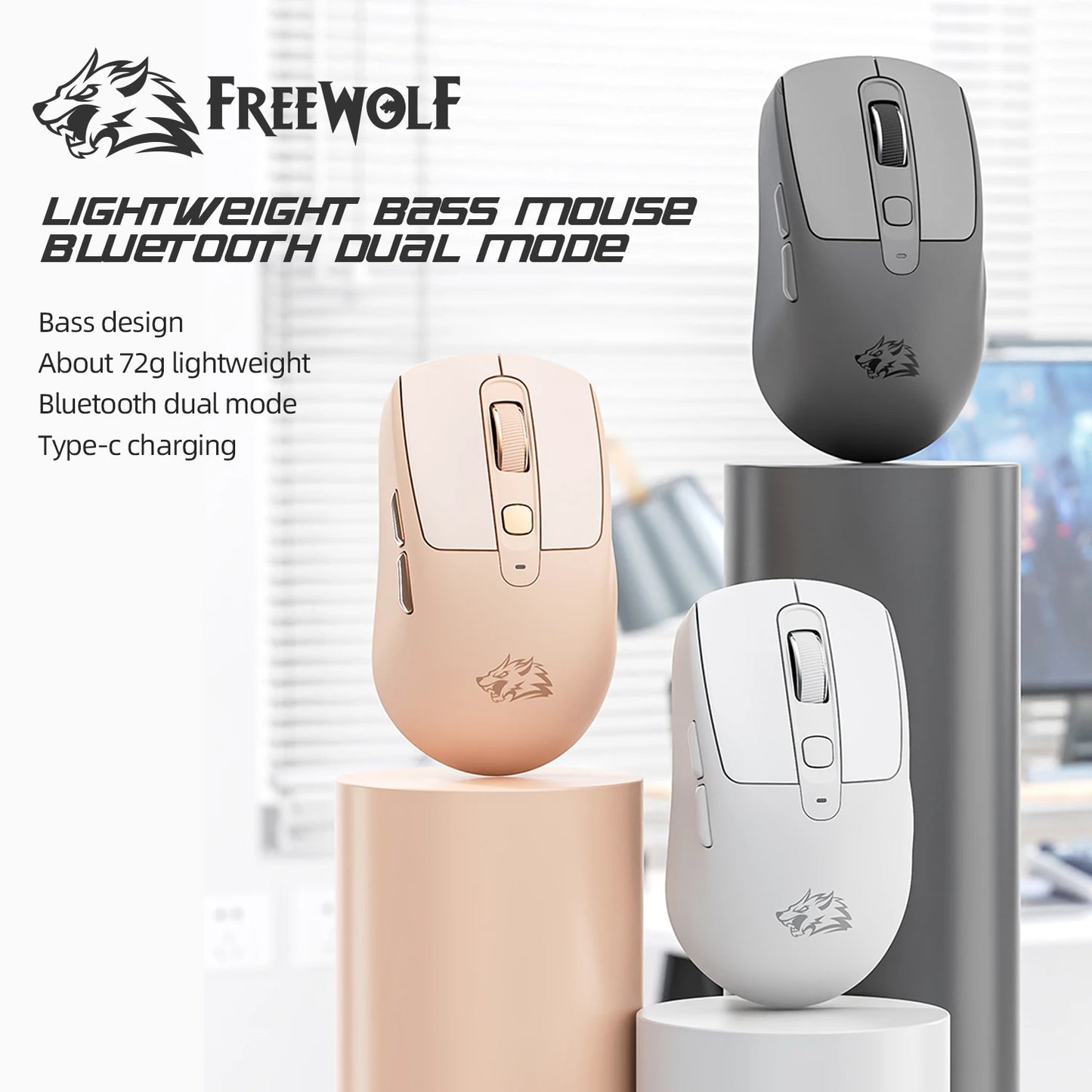 A3 Wireless Mouse Silent ABS Pink Skin Not Fade FREEWOLF Bluetooth Dual Mode Power Linght,5-Speed DPI,PAW3212 Chip Silent Design