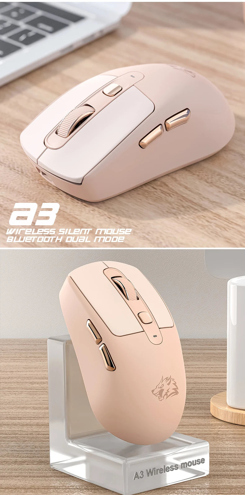 A3 Wireless Mouse Silent ABS Pink Skin Not Fade FREEWOLF Bluetooth Dual Mode Power Linght,5-Speed DPI,PAW3212 Chip Silent Design
