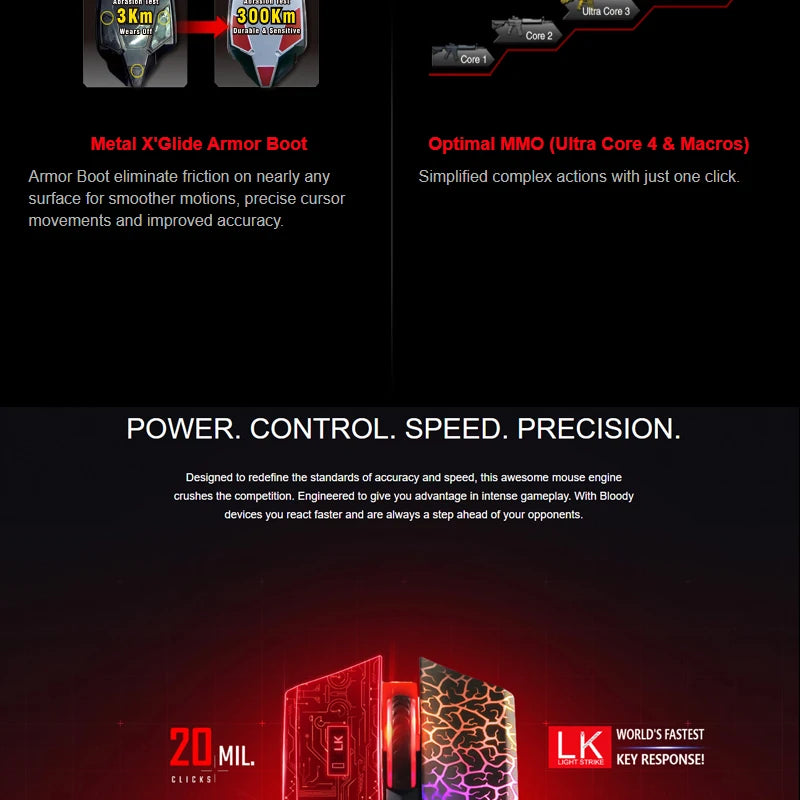 A70 Bloody Light Strike Black Gaming Mouse, 100-6200 CPI Adjustable, 6 Sniper Modes, Durable X Glide Metal Armor Boot
