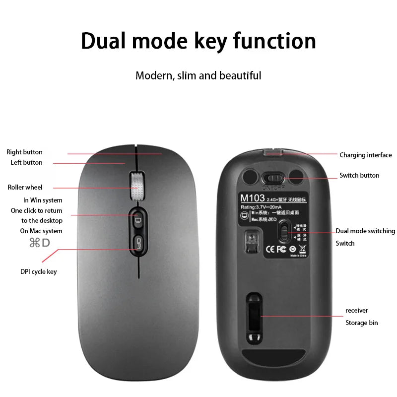Xiaomi Dual Mode Mouse Wireless Bluetooth 1600 DPI Adjustable Rechargeable USB Mute Desktop Key Fashional Office Learning Mouses