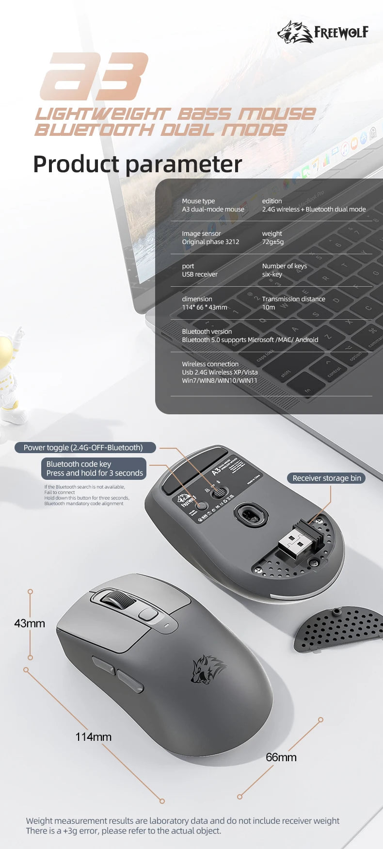 A3 Wireless Mouse Silent ABS Pink Skin Not Fade FREEWOLF Bluetooth Dual Mode Power Linght,5-Speed DPI,PAW3212 Chip Silent Design