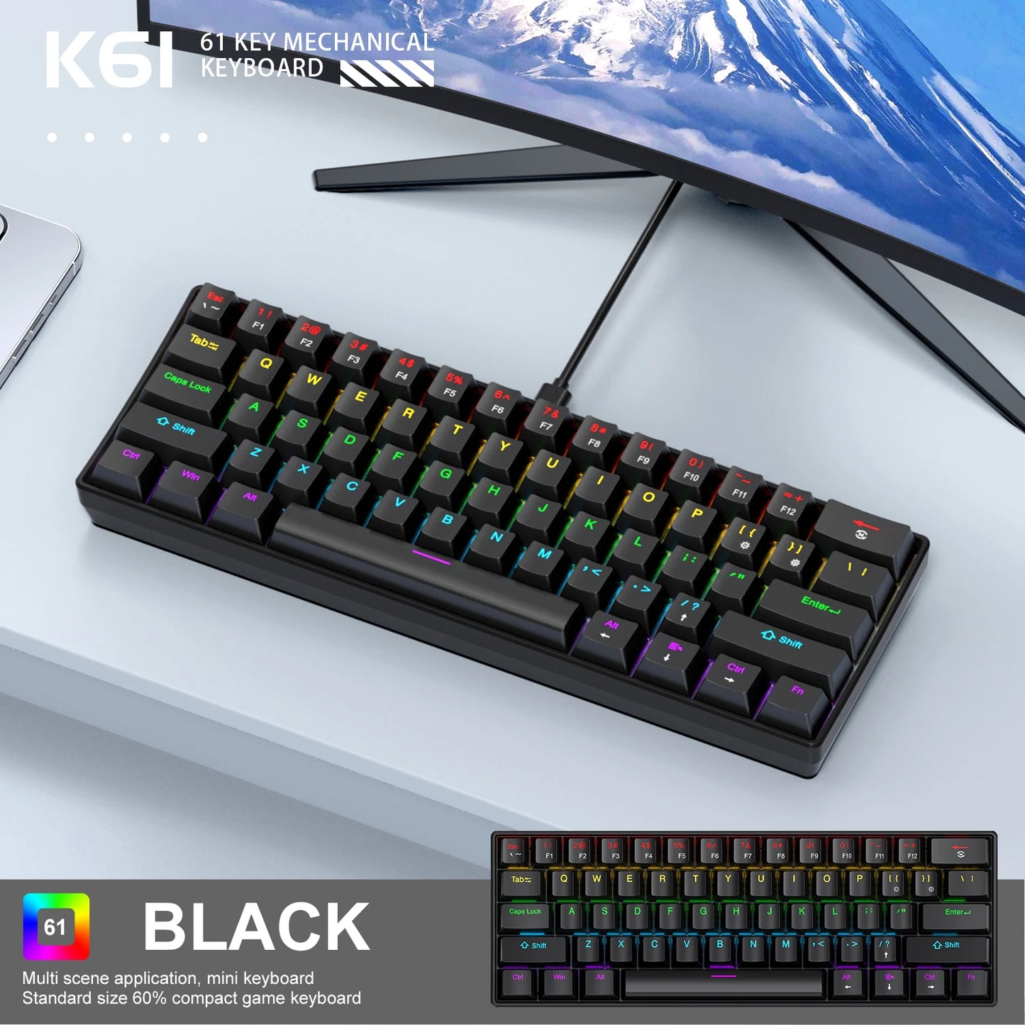 K61 60% Mechanical Keyboard Wired RGB, 61 Keys Mini Gaming Keyboard, Phantom RGB, Red/Blue Switch, Ergonomic, Portable for Gamer