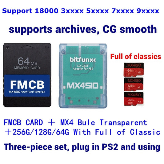 2025 Light blue PS2 MX4SIO SD Card Adapter For PS2 All Consoles + FMCB Card + 256G128G/64G TF SD Card choose combination package