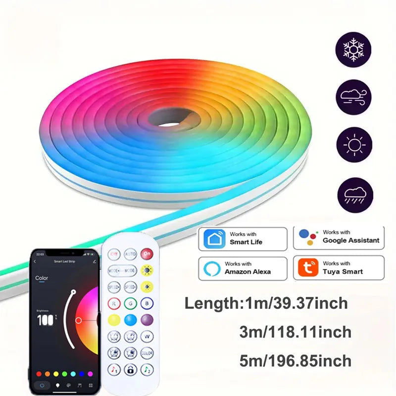 Smart RGB Neon LED Strip 1/2/3/5m Waterproof USB Neon Strip Tuya APP Remote Flexible Ribbon for DIY Neon Deocoration Lighting