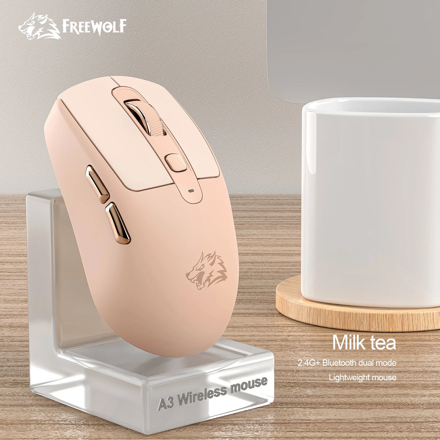 A3 Wireless Mouse Silent ABS Pink Skin Not Fade FREEWOLF Bluetooth Dual Mode Power Linght,5-Speed DPI,PAW3212 Chip Silent Design