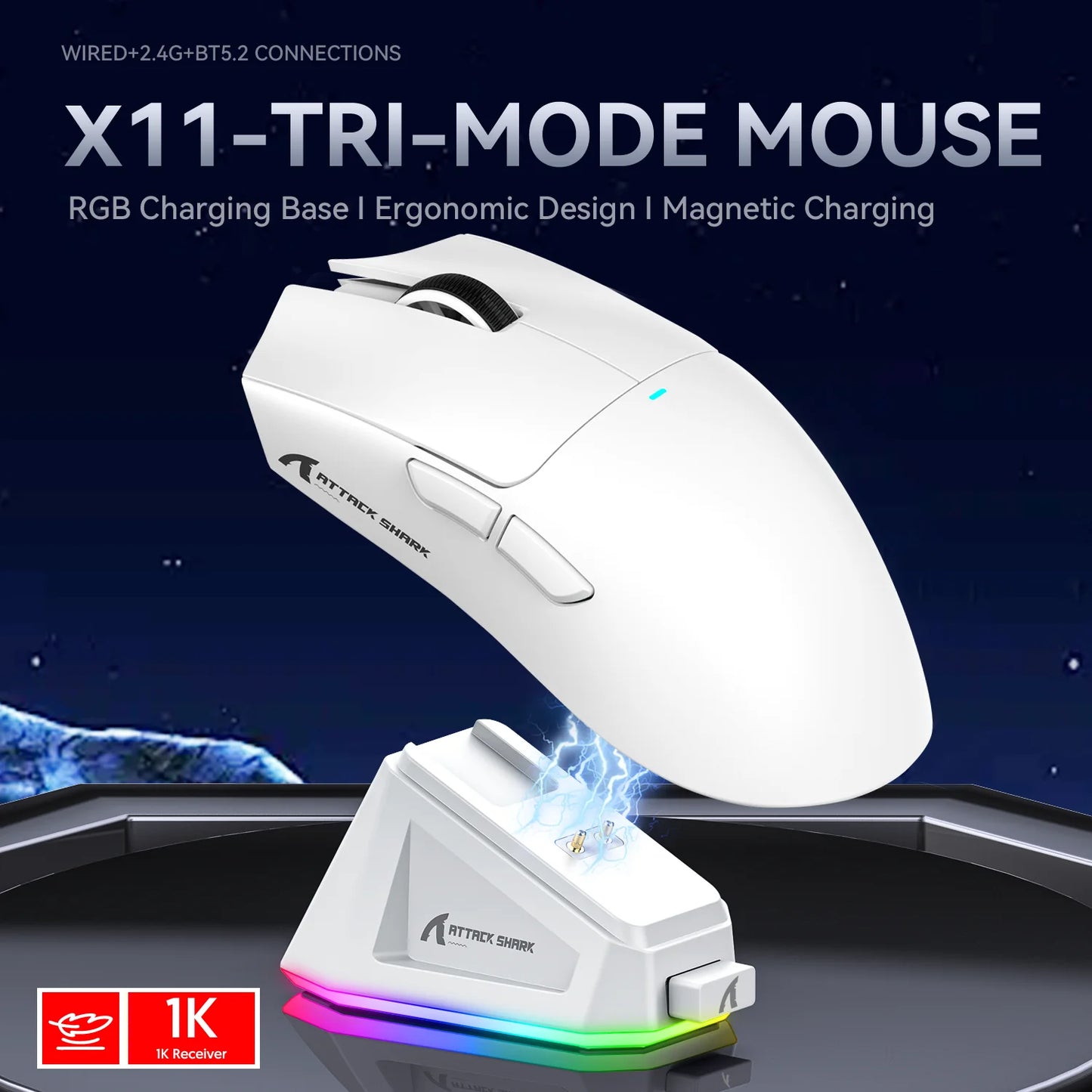 ATTACK SHARK X11 Wireless Gaming Mouse with Magnetic Charging Dock, PixArt PAW3311 Sensor, 22K DPI, BT/2.4Ghz/Wired, for PC/MAC