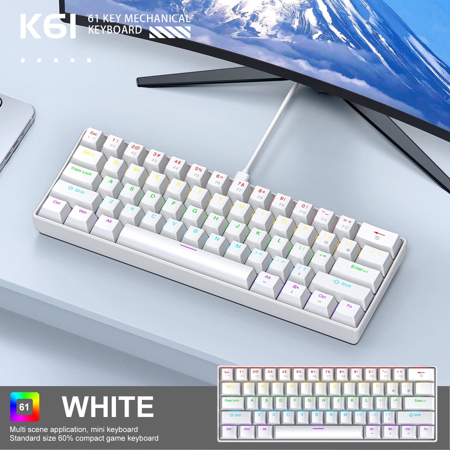 K61 60% Mechanical Keyboard Wired RGB, 61 Keys Mini Gaming Keyboard, Phantom RGB, Red/Blue Switch, Ergonomic, Portable for Gamer