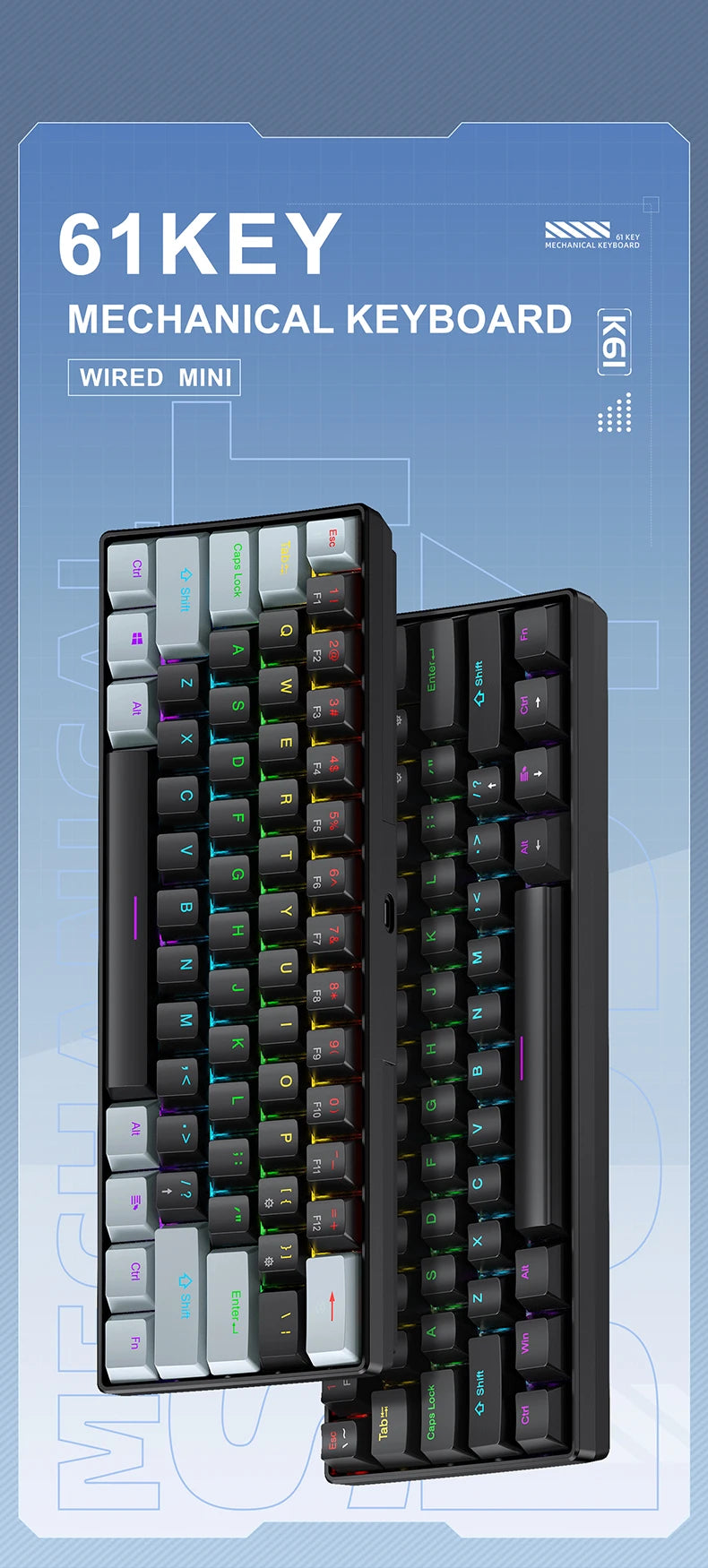 K61 60% Mechanical Keyboard Wired RGB, 61 Keys Mini Gaming Keyboard, Phantom RGB, Red/Blue Switch, Ergonomic, Portable for Gamer