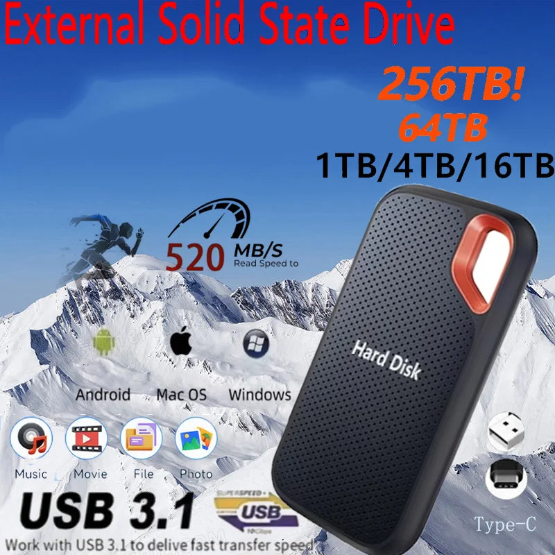 Portable SSD 2TB External Hard SSD 1TB High-speed External Solid State Drive 256TB Mass Storge Hard Disk for Laptop/PC/MAC/Phone