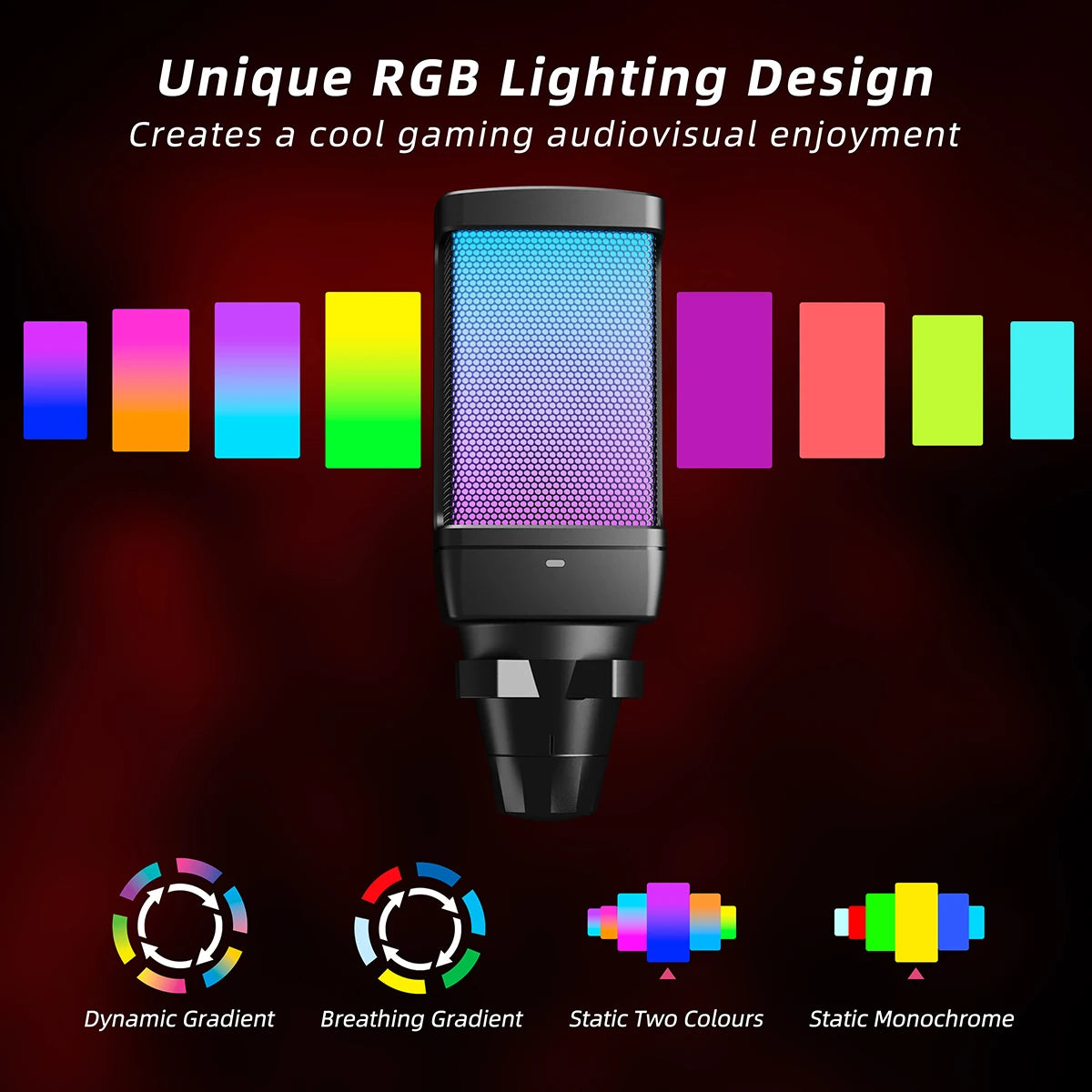 AmpliGame Gaming USB Microphone with Noise Cancelling,RGB Mic with Quick Mute,Gain Knob for Streaming,PC,Laptop,PS4/5,Mobile-Q6
