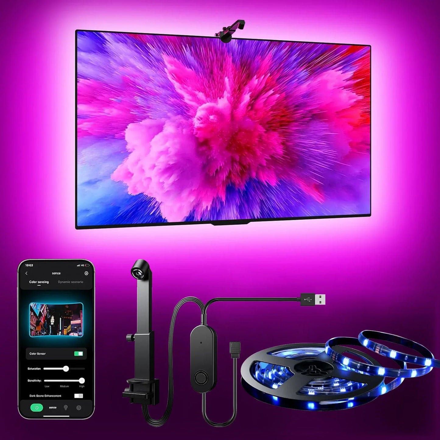 RGBIC LED TV Backlight Strip with Camera USB Powered Screen Syncs for 50-80 Inch TVs Monitors Backlight Room Ambient Lighting