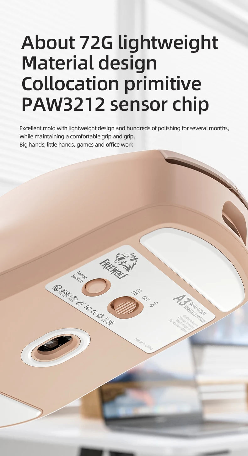 A3 Wireless Mouse Silent ABS Pink Skin Not Fade FREEWOLF Bluetooth Dual Mode Power Linght,5-Speed DPI,PAW3212 Chip Silent Design
