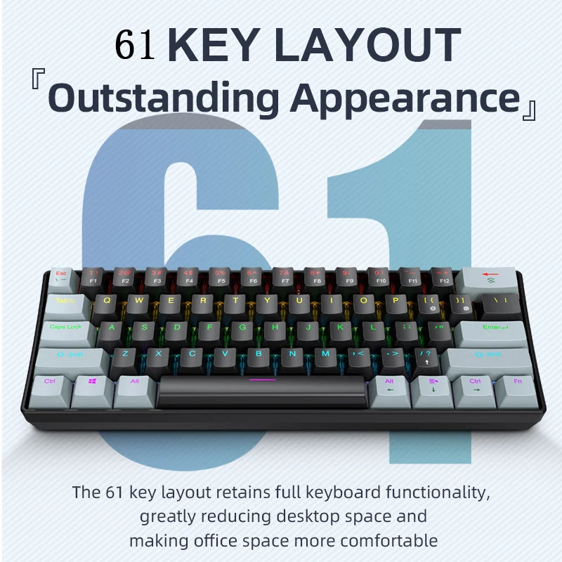 K61 60% Mechanical Keyboard Wired RGB, 61 Keys Mini Gaming Keyboard, Phantom RGB, Red/Blue Switch, Ergonomic, Portable for Gamer