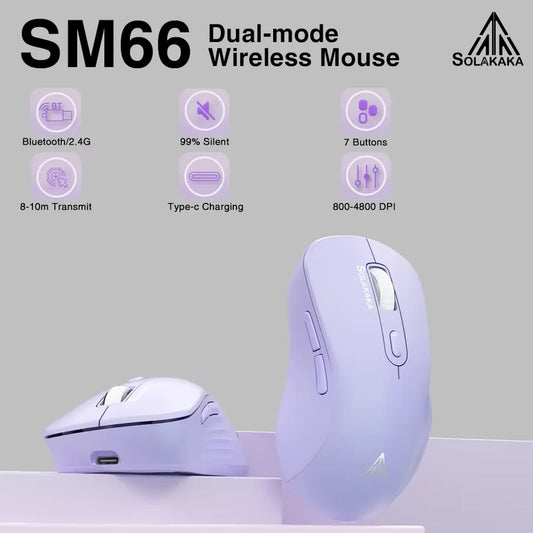 SOLAKAKA SM66 Silent Dual Mode Mouse Bluetooth-compatible 2.4G Wireless Lightweight Ergonomic Mice 4800 DPI PC Office Game Mouse