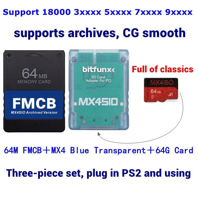 2025 Light blue PS2 MX4SIO SD Card Adapter For PS2 All Consoles + FMCB Card + 256G128G/64G TF SD Card choose combination package