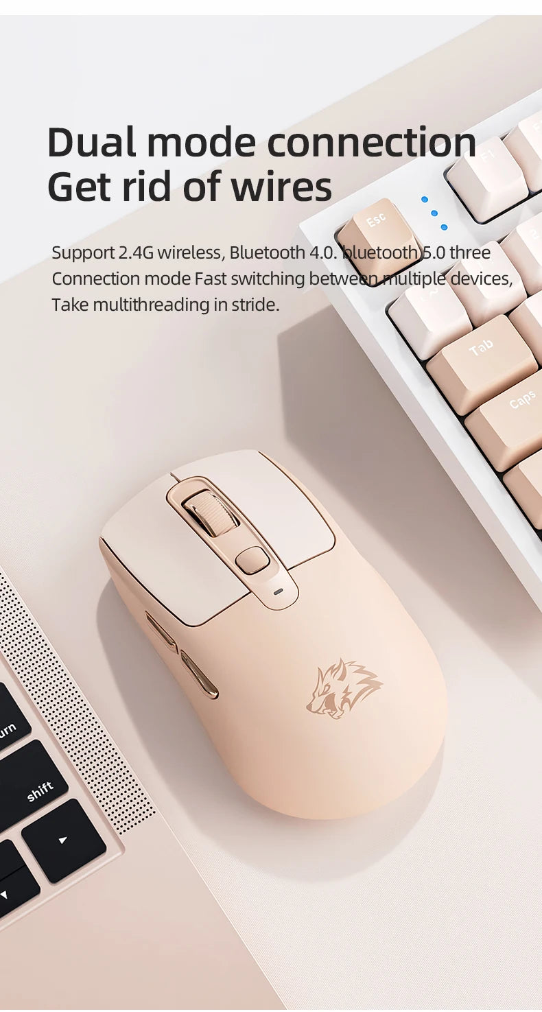 A3 Wireless Mouse Silent ABS Pink Skin Not Fade FREEWOLF Bluetooth Dual Mode Power Linght,5-Speed DPI,PAW3212 Chip Silent Design