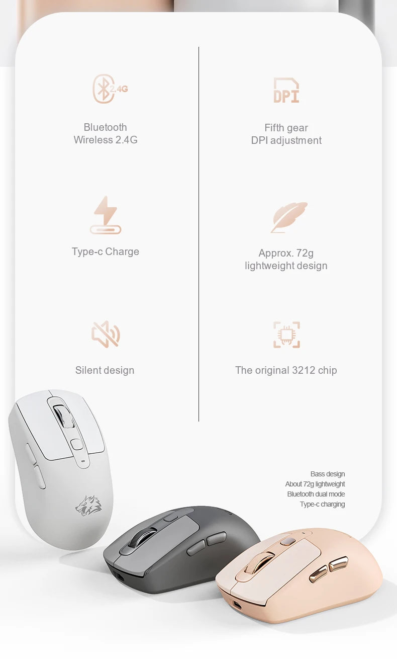A3 Wireless Mouse Silent ABS Pink Skin Not Fade FREEWOLF Bluetooth Dual Mode Power Linght,5-Speed DPI,PAW3212 Chip Silent Design