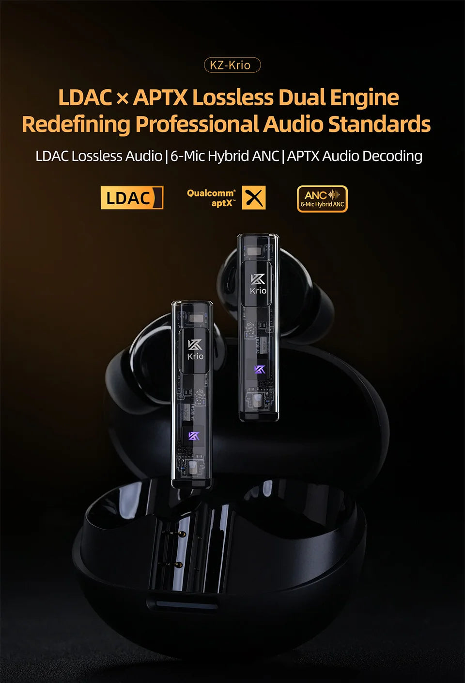 KZ Krio TWS Earbuds Bluetooth 6 Hybrid Microphones ANC LDAC APTX Dual Driver Lossless Earphones with Charging Case