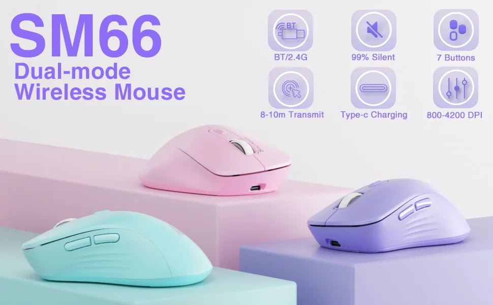 SOLAKAKA SM66 Silent Dual Mode Mouse Bluetooth-compatible 2.4G Wireless Lightweight Ergonomic Mice 4800 DPI PC Office Game Mouse