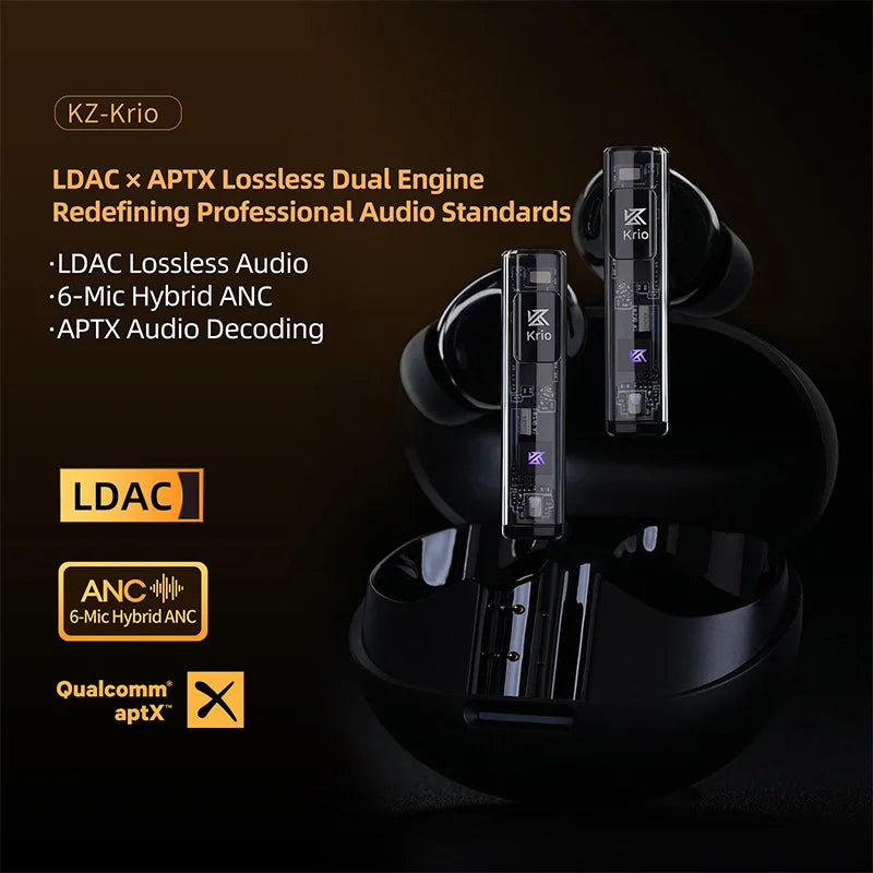 KZ Krio TWS Earbuds Bluetooth 6 Hybrid Microphones ANC LDAC APTX Dual Driver Lossless Earphones with Charging Case