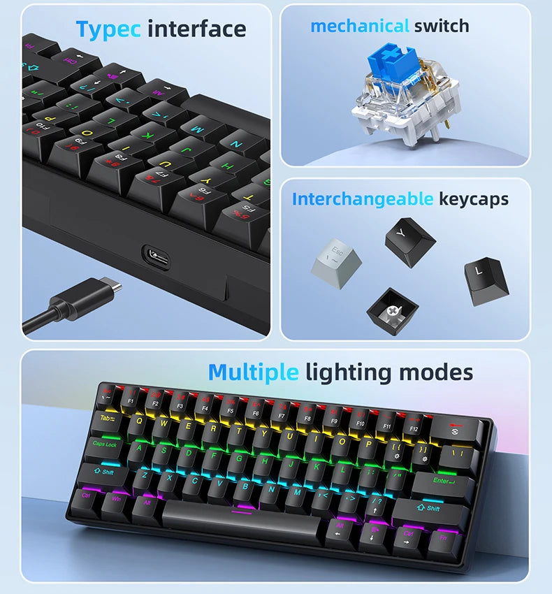 K61 60% Mechanical Keyboard Wired RGB, 61 Keys Mini Gaming Keyboard, Phantom RGB, Red/Blue Switch, Ergonomic, Portable for Gamer