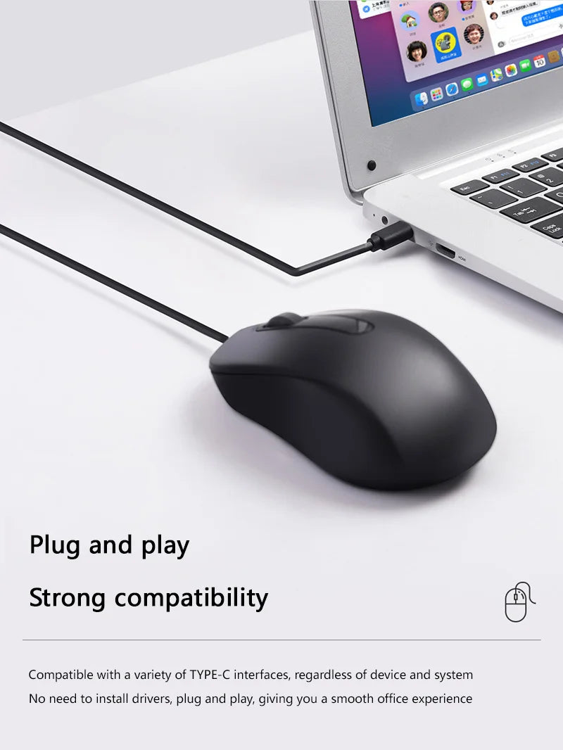 Xiaomi Type-c Wired Mouse Silent Portable Tablet Notebook Office Optical Mouse Ergonomic Design For PC Android IOS