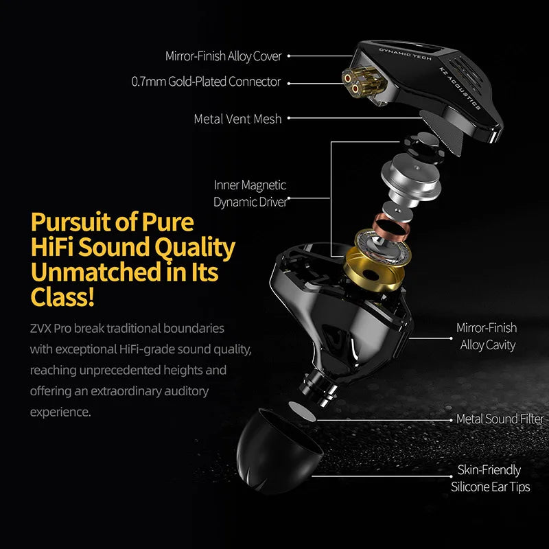 KZ ZVX Pro Earphones Dynamic HIFI Bass Earbuds in Ear Monitor Headphones Sport Noise Cancelling Headset