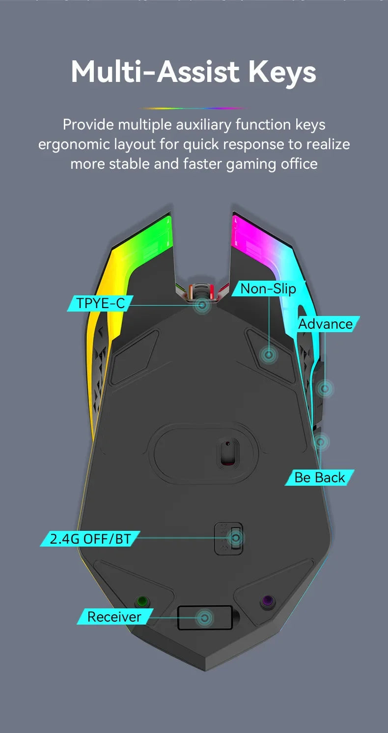 RGB Bluetooth 5.2 Mouse 2.4G Wireless Mouse 6 Buttons Dual-Mode Gaming Mouse Rechargeable Silent Mouse For MacBook Tablet Laptop