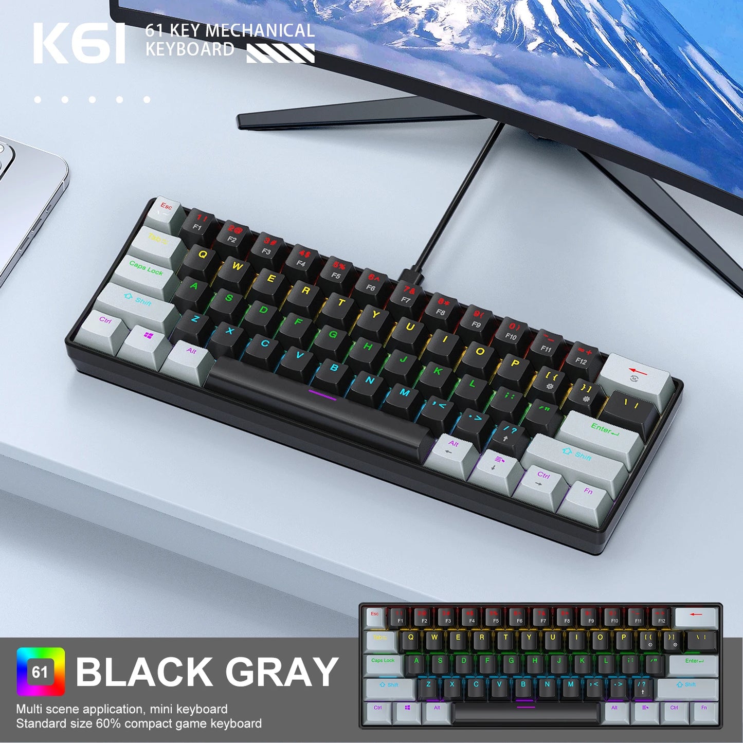 K61 60% Mechanical Keyboard Wired RGB, 61 Keys Mini Gaming Keyboard, Phantom RGB, Red/Blue Switch, Ergonomic, Portable for Gamer