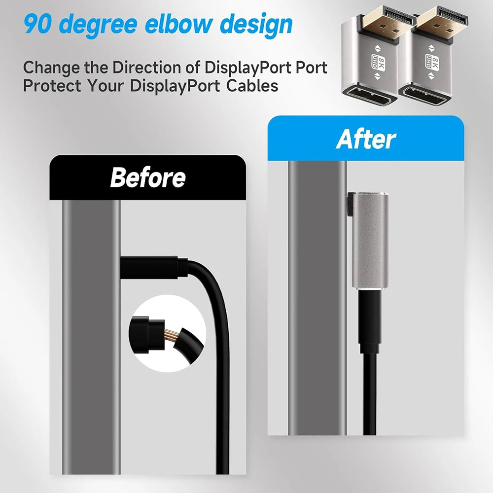 90 Degree DisplayPort1.4 Adapter Support 8K@60Hz 4K@144Hz HDR Video Alloy Shell DP Cable Extender for Desktop Computer Monitor