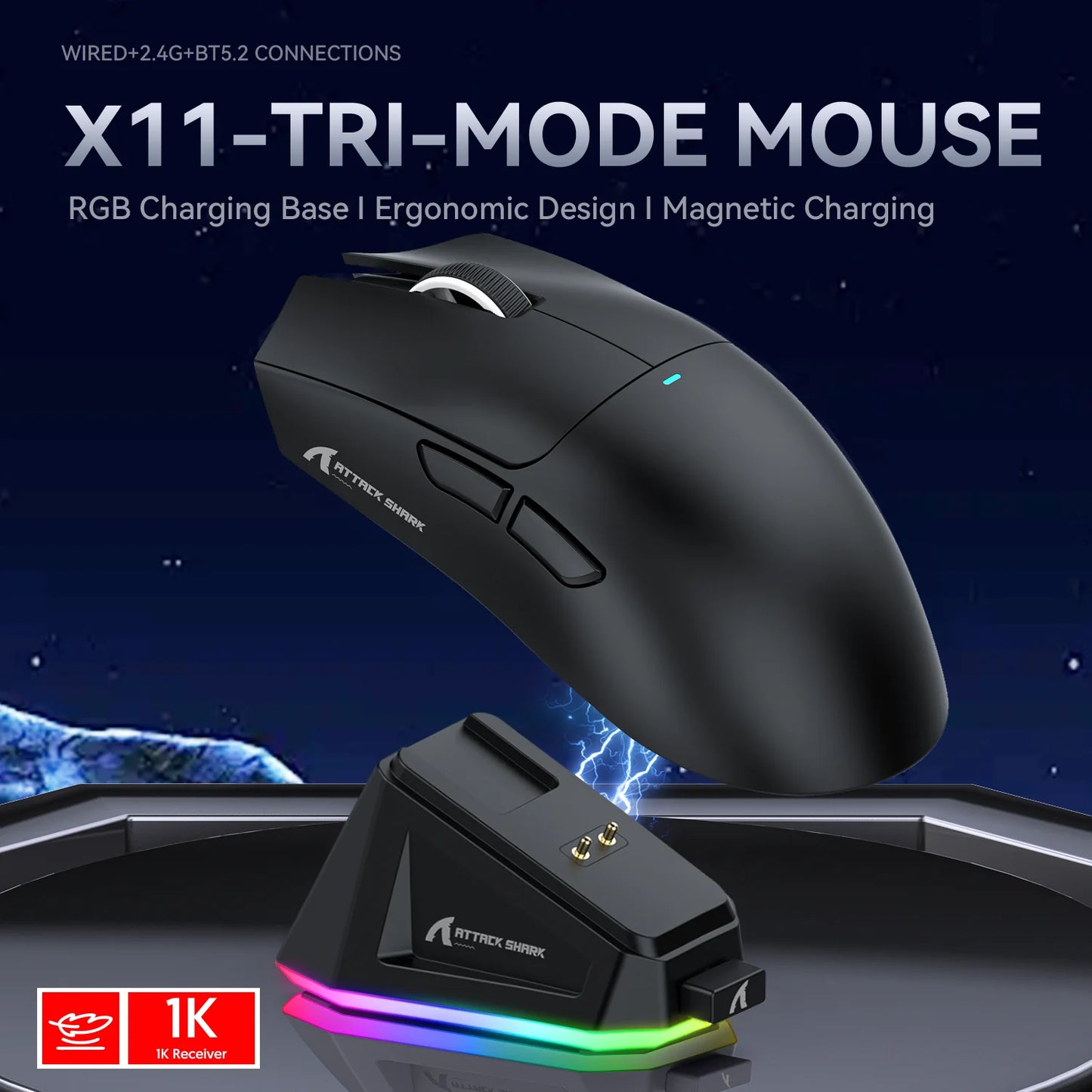 ATTACK SHARK X11 Wireless Gaming Mouse with Magnetic Charging Dock, PixArt PAW3311 Sensor, 22K DPI, BT/2.4Ghz/Wired, for PC/MAC
