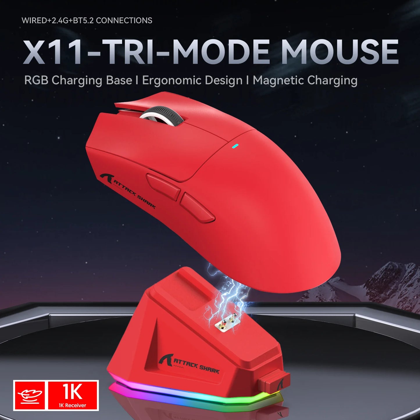 ATTACK SHARK X11 Wireless Gaming Mouse with Magnetic Charging Dock, PixArt PAW3311 Sensor, 22K DPI, BT/2.4Ghz/Wired, for PC/MAC