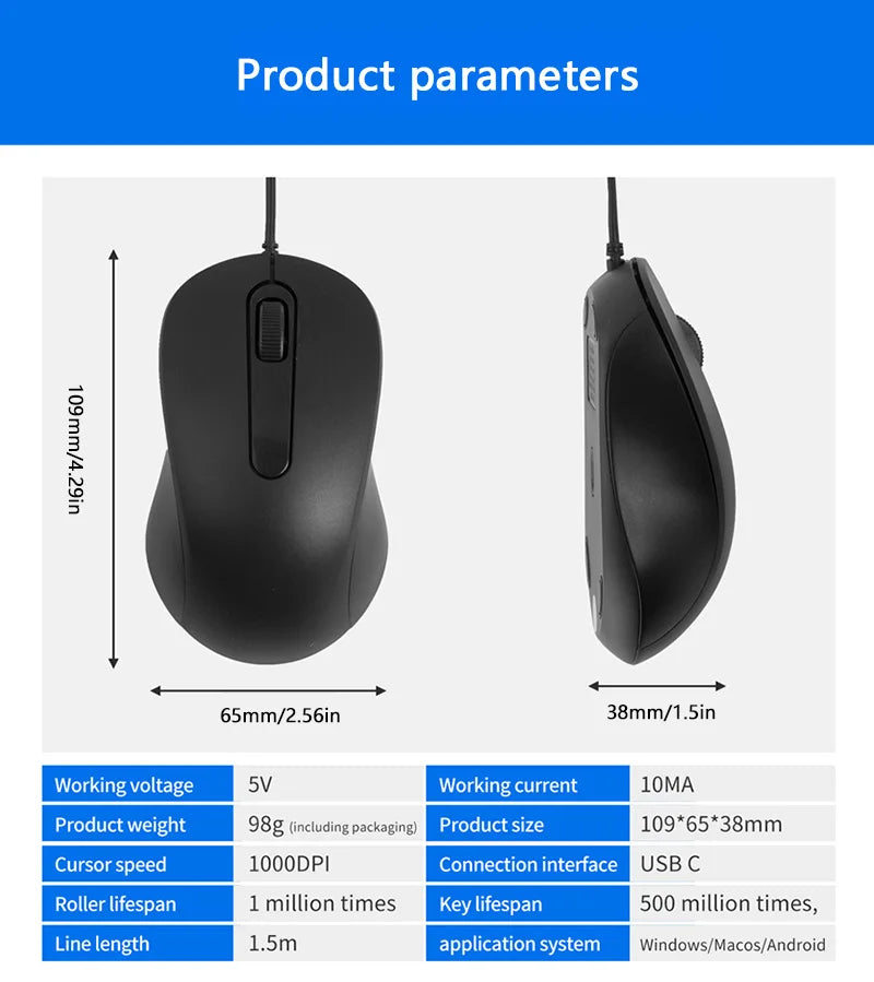 Xiaomi Type-c Wired Mouse Silent Portable Tablet Notebook Office Optical Mouse Ergonomic Design For PC Android IOS