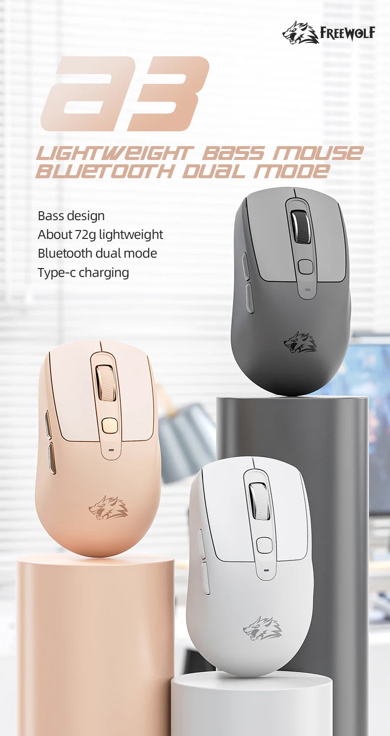 A3 Wireless Mouse Silent ABS Pink Skin Not Fade FREEWOLF Bluetooth Dual Mode Power Linght,5-Speed DPI,PAW3212 Chip Silent Design