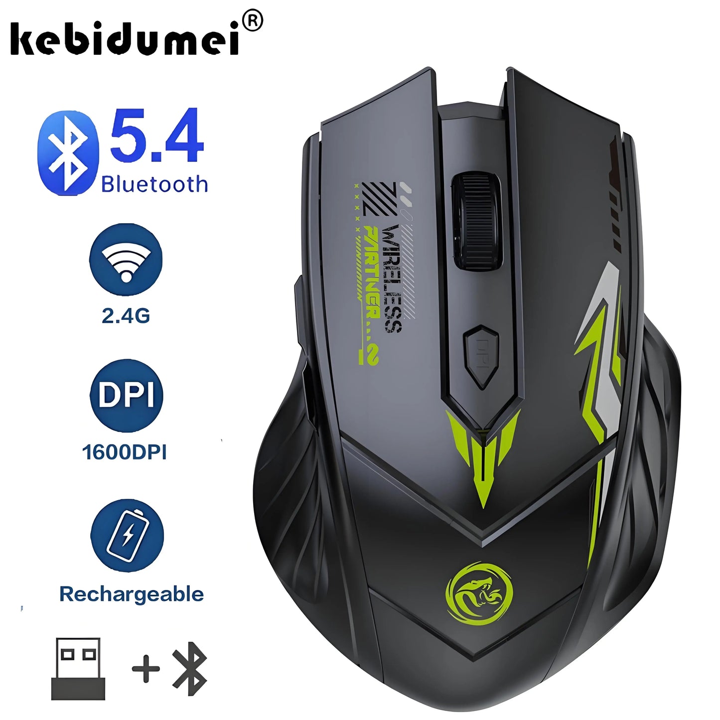 Bluetooth 5.4 Wireless Mouse 6 Buttons Gaming Mouse 2.4G Dual-Mode Mouse 1600DPI Rechargeable Office Mice for PC Laptop Macbook