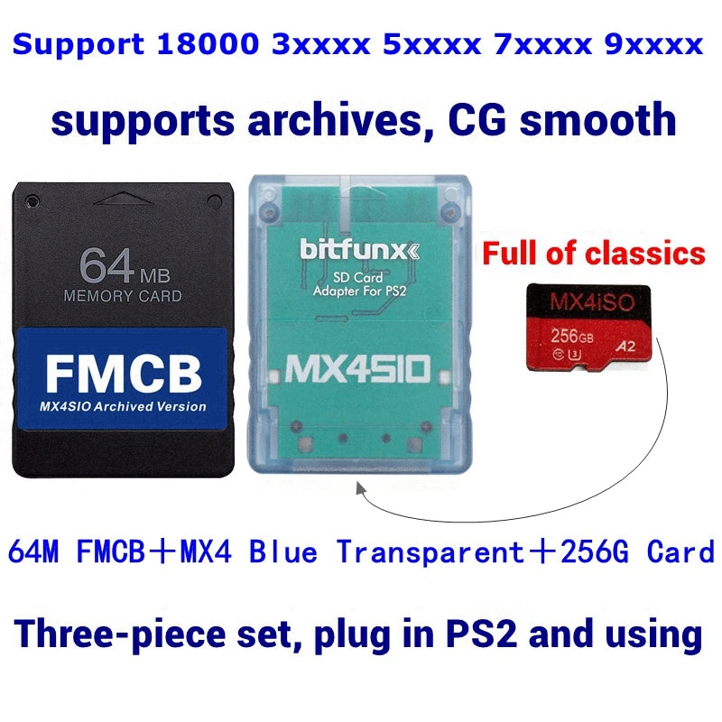 2025 Light blue PS2 MX4SIO SD Card Adapter For PS2 All Consoles + FMCB Card + 256G128G/64G TF SD Card choose combination package