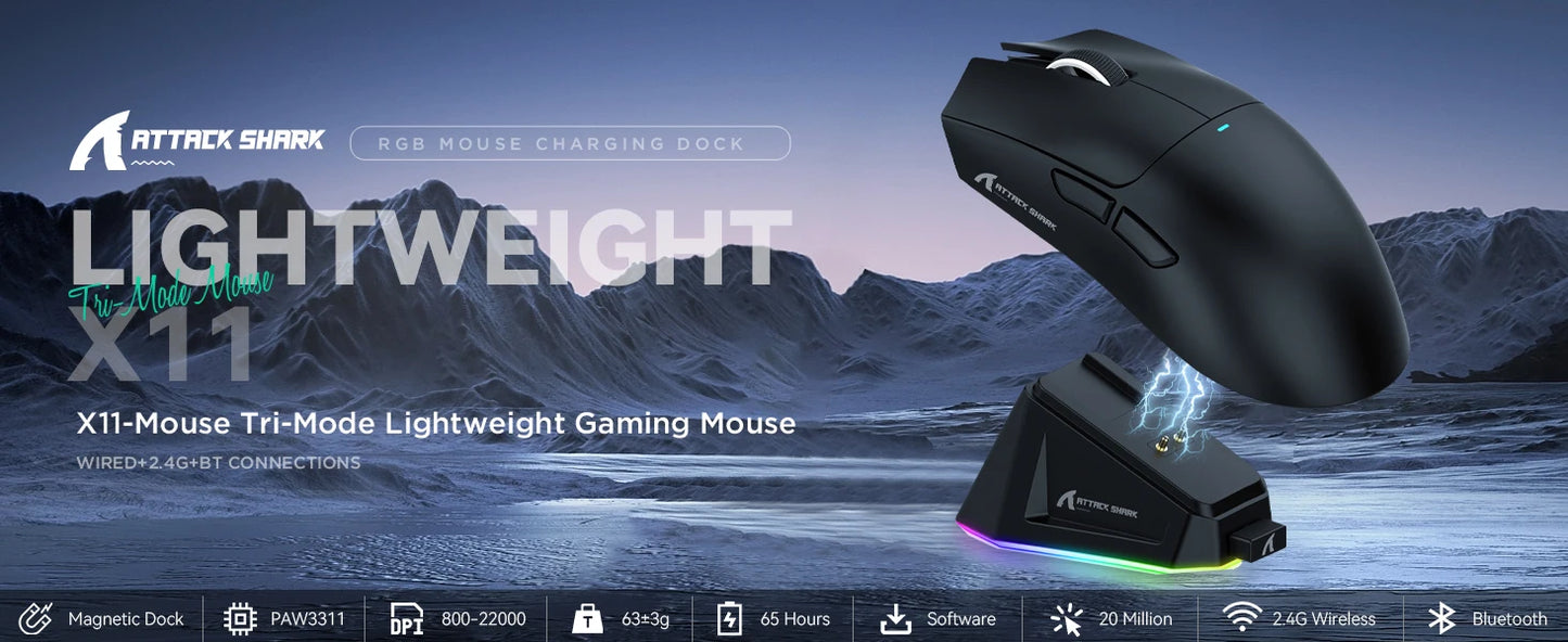 ATTACK SHARK X11 Wireless Gaming Mouse with Magnetic Charging Dock, PixArt PAW3311 Sensor, 22K DPI, BT/2.4Ghz/Wired, for PC/MAC
