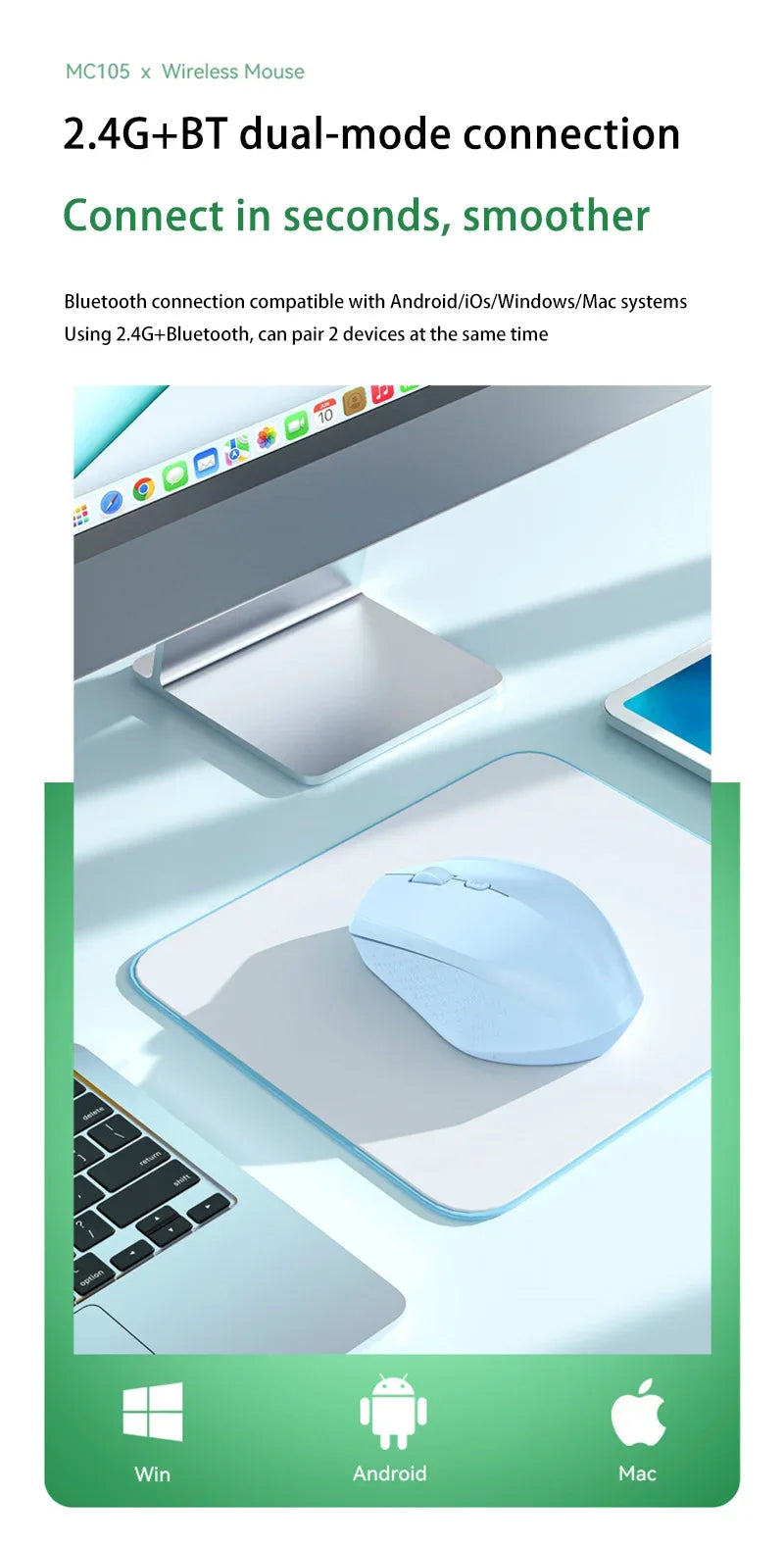 Xiaomi Wireless Mute Mouse Bluetooth 1600 Dpi 2.4Ghz Ergonomics Dual Model Type-C Rechargeable Mini Mouses For Pc Android Ios